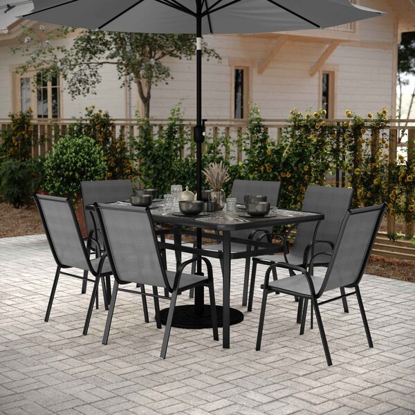 Flash Furniture Brazos 7 Pc Patio Dining Set w/Tempered Glass Patio Table and 6 Chairs w/Gray Flex Comfort Material TLH-94B-303CG-GG - main